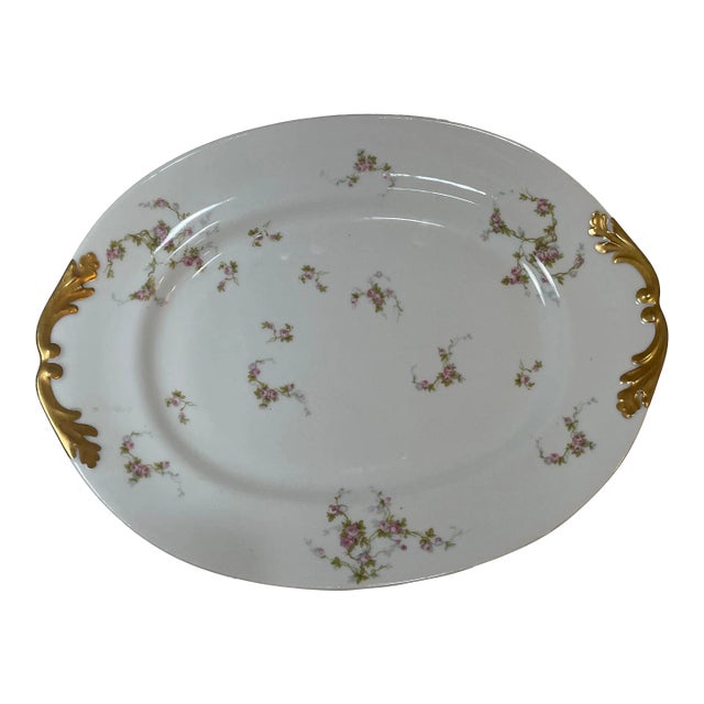 Antique French Limoges Platter or Serving Tray - Pink Roses Gilded - M Redon For Sale