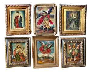 Cuzco School Artist, Religious Figures, 1700s-1800s, Oil on Canvases, Framed, Set of 6