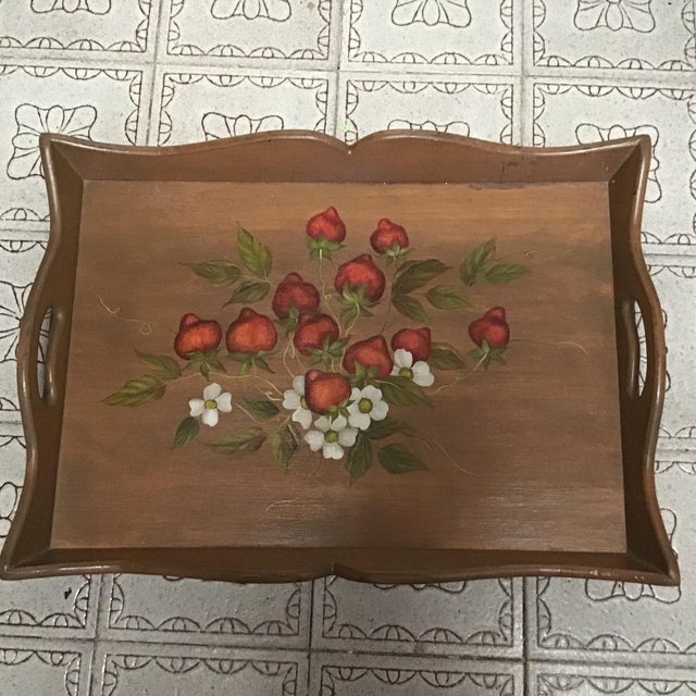 19th Century Large Hand Painted Wood Serving Tray Fruit Painted Serving Tray Decorative Serving