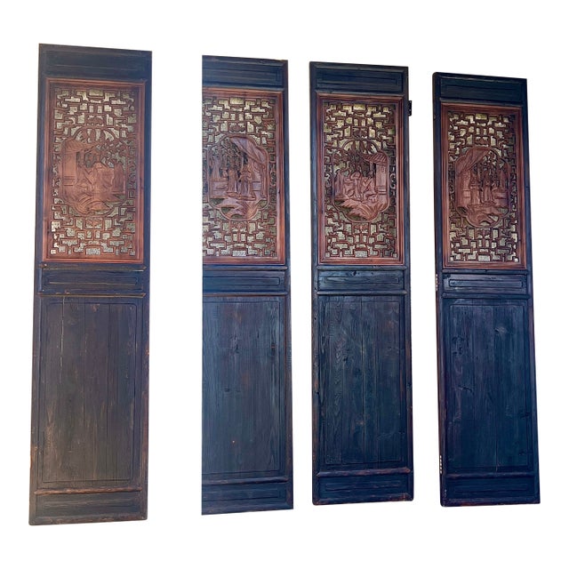 Set of 4 19th Century Chinese Carved Temple Screens With Figural Panels – Beijing Origin For Sale