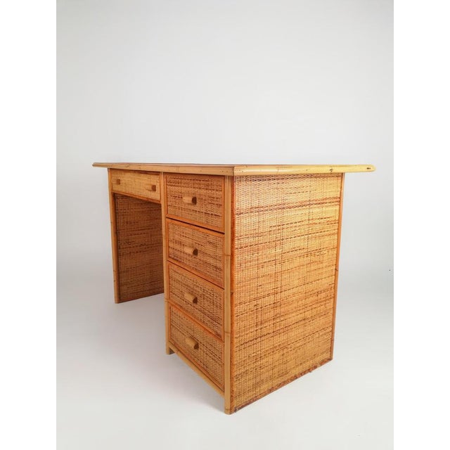 Vintage Italian Writing Desk with Drawers in Bamboo, Rattan and Plywood, 1970s For Sale - Image 4 of 18