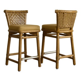 Pair, McGuire San Francisco Woven Rawhide Counter Stools, Late 20th Century For Sale