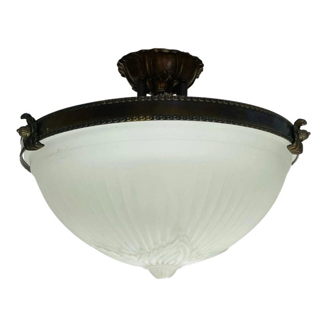 Vintage Glass & Bronzed Frame Flush Mount For Sale