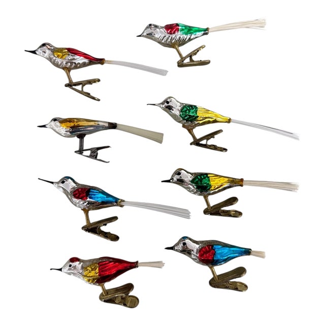 Set of 8 Mercury Glass Bird Clip on Ornaments For Sale