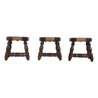 Turned Wood and Straw Fireplace Stools, France, 1960s, Set of 3 For Sale