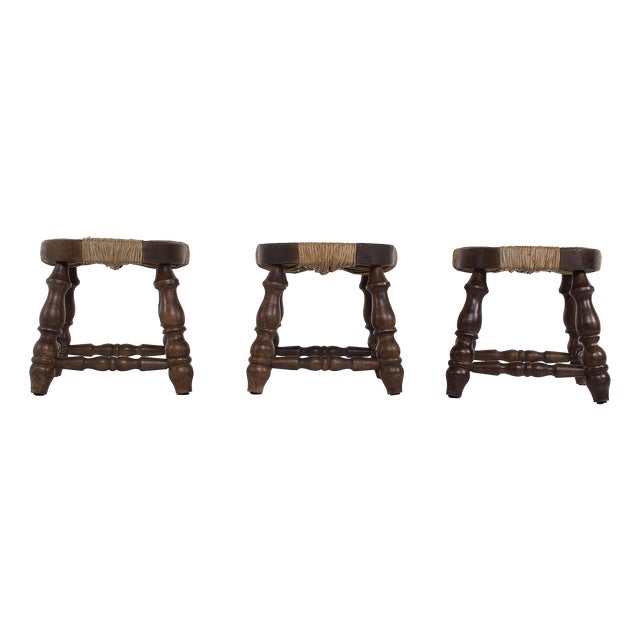 Turned Wood and Straw Fireplace Stools, France, 1960s, Set of 3 For Sale