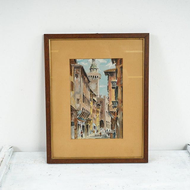 Giannino Lambertini, View with Tower, Watercolor For Sale - Image 5 of 5