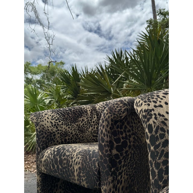1970s Thayer Coggin for Robb & Stucky Postmodern Leopard Upholstered Barrel Chairs – A Pair For Sale - Image 9 of 9
