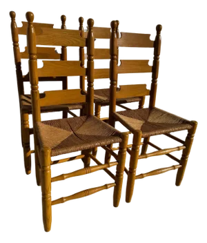 Late 20th Century Set of 4 Handcrafted Rush Seat Ladderback Dining Chairs