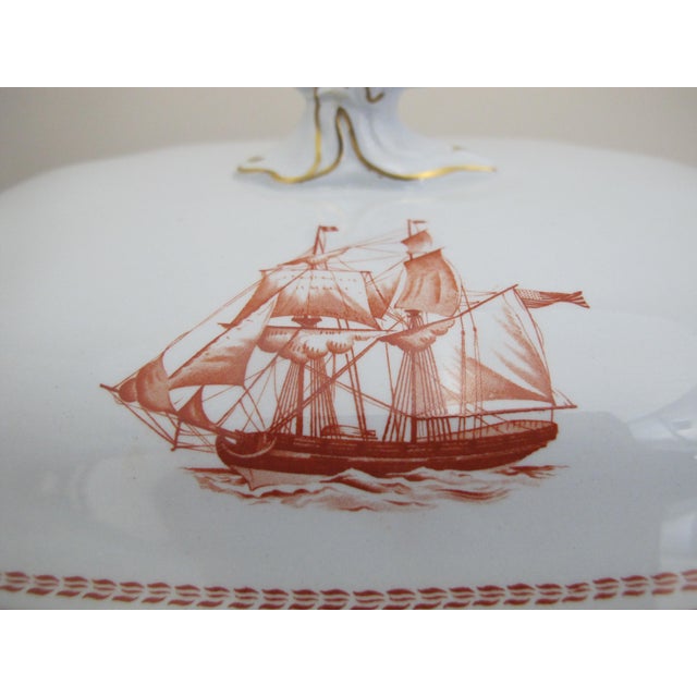 Early 20th Century Spode Copeland Red Gold Trim Ship Trade Winds 11 1/8" Covered Vegetable Tureen For Sale - Image 5 of 12