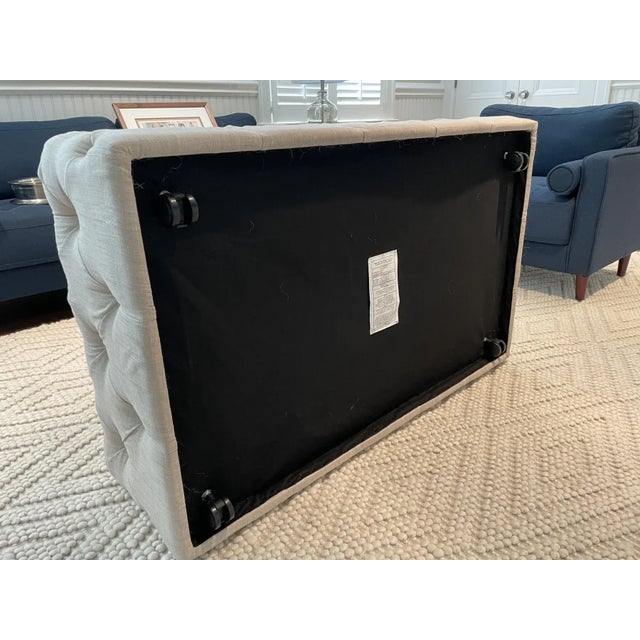 Linen Custom Upholstered Tufted Rectangular Contemporary Ottoman For Sale - Image 8 of 9