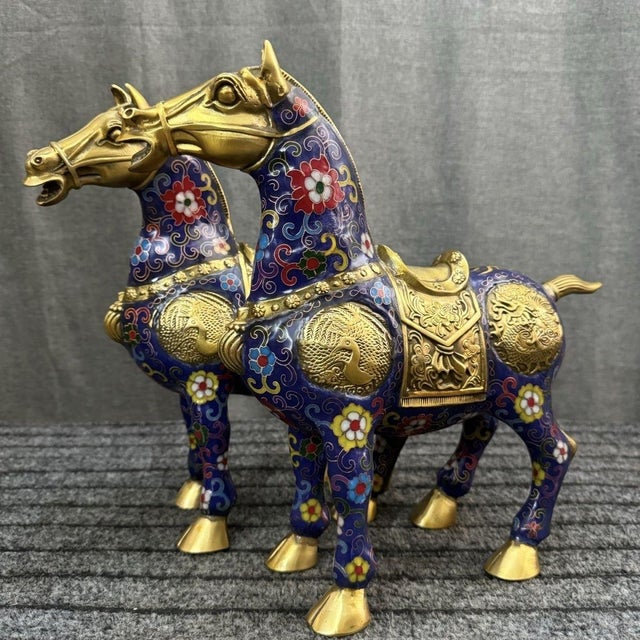 Art Deco Impressive Pair of Vintage Cloisonné Enamel War Horses For Sale - Image 3 of 9