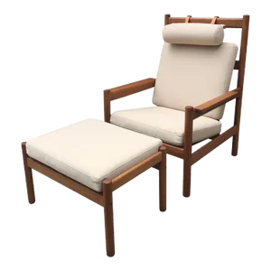 Vintage Arne Norell Style Teak Armchair and Ottoman with Leather Straps