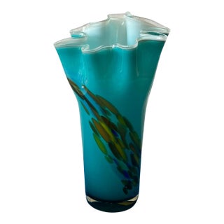Art Glass Aqua Ruffled Abstract Ovals Vase For Sale