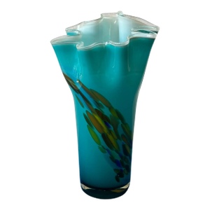 Art Glass Aqua Ruffled Abstract Ovals Vase