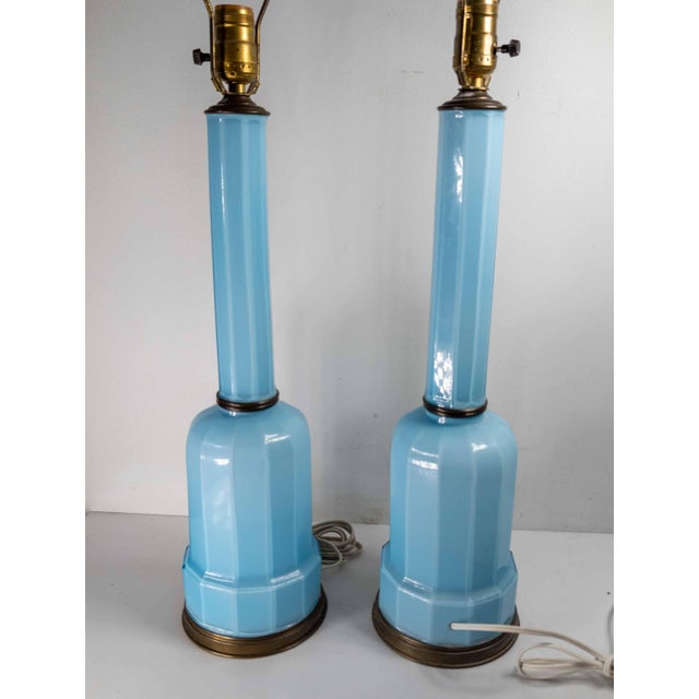 Early 20th Century Pair of French Baby Sky Blue Opaline Glass Table Lamps For Sale - Image 4 of 14