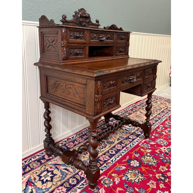 Antique French Petite Barley Twist Desk Carved Oak Renaissance Revival c.1890 For Sale - Image 4 of 18