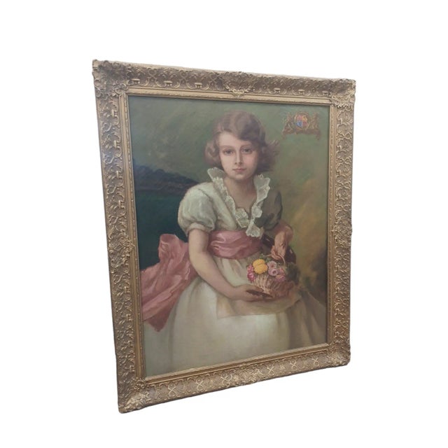 Vintage framed oil painting on canvas of seated a young girl with a basket. Original antique frame in excellent condition....