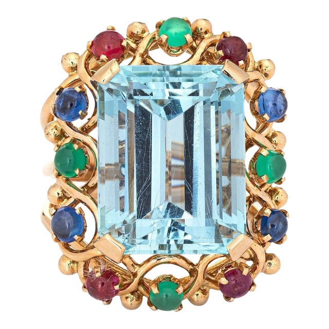 16.50ct Aquamarine Gemstone Ring Vintage 14k Yellow Gold Cocktail Jewelry size 7.5 For Sale