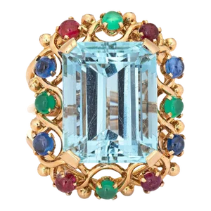 16.50ct Aquamarine Gemstone Ring Vintage 14k Yellow Gold Cocktail Jewelry size 7.5