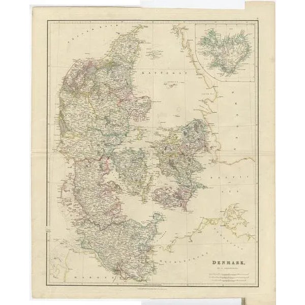 Antique Map of Denmark with Inset Map of Iceland, 1832 For Sale - Image 4 of 5