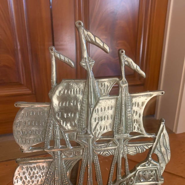 English Antique Brass Galleon Ship Andirons For Sale - Image 3 of 14