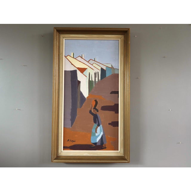 VILLAGE PATHWAY Size: 28 x 19.5 inches (including frame) Oil on board A striking mid-century modernist painting that...