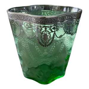 American Etched Cut Green Glass Vessel Vase With Sterling Silver Rim Overlay, Circa 1920s