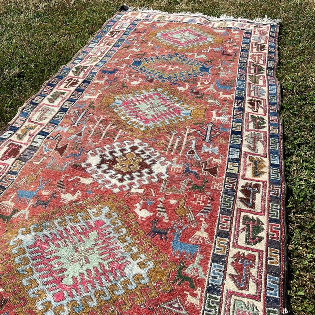 1970s Vintage Animal Figure Pattern Embroidered Soumak Runner Rug For Sale - Image 9 of 10