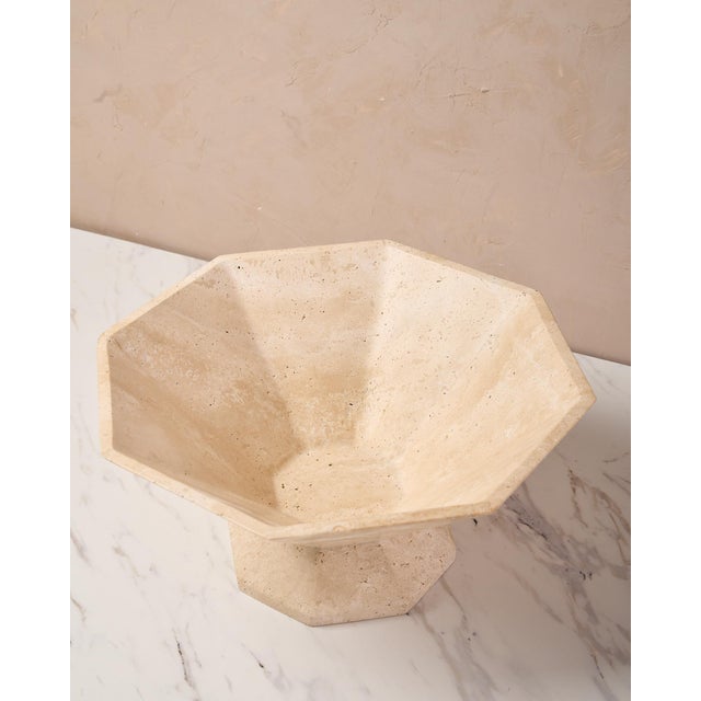 Stone "Lane Hex" Decorative Pedestal Bowl by Montana Labelle in Natural Travertine Marble For Sale - Image 7 of 11