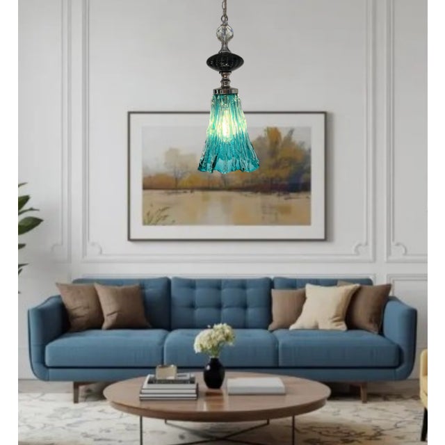 Art Glass Aqua Black Pendant Light For Sale In New York - Image 6 of 18