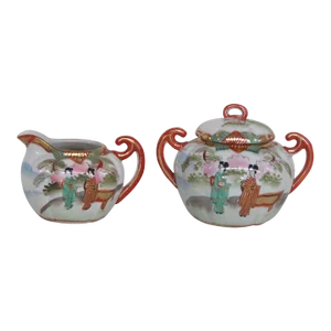 Takito Japanese Geisha Hand Painted Porcelain Creamer and Sugar Bowl Set