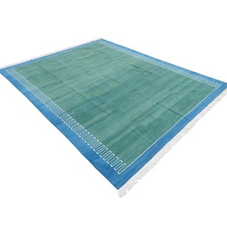 Handmade Green and Blue Geometric Cotton Rug - 10'x14' For Sale