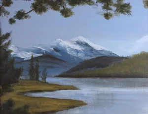 Mid 20th Century Mountain Lake Landscape Painting