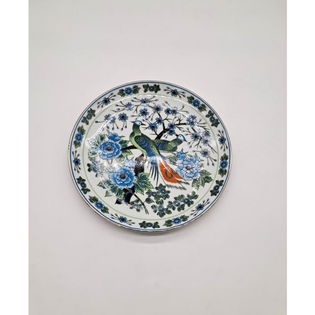 Vintage Imari Ware Japan 10" Porcelain Plate With Blue and Green Paradise Bird Design and Gold Rim For Sale - Image 9 of 9