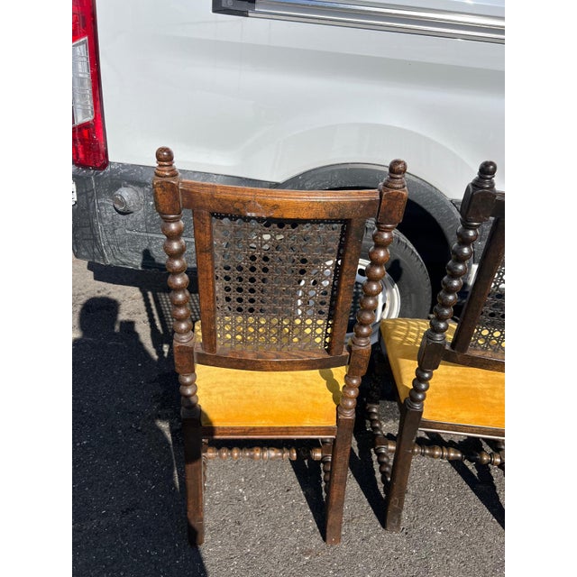 Baroque Set of Five Antique Barley Twist Cane-Back Chairs With Golden Yellow Velvet Custom Upholstered Seats For Sale - Image 3 of 9
