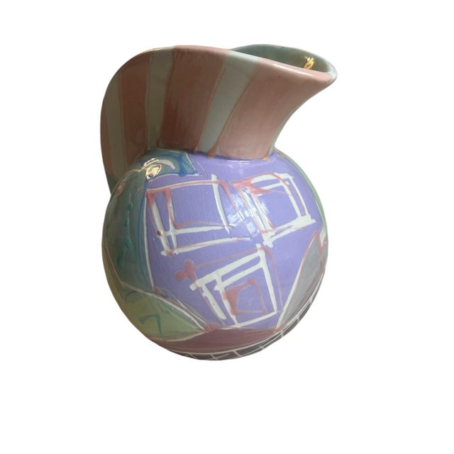 Vintage 1980s Ceramic Pitcher Vase Postmodern Colorful Pastel, Signed For Sale - Image 9 of 10