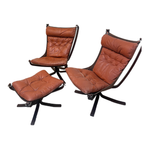 Pair of Vintage Cognac Leather/Beech Chairs and Ottoman