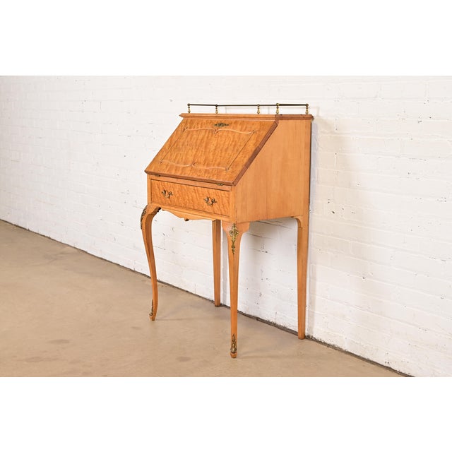 Baker Furniture Style Antique French Provincial Louis XV Birdseye Maple Drop Front Secretary Desk With Mounted Brass Ormolu, Circa 1890s For Sale - Image 18 of 18