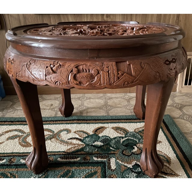 Wood Chinese Chinoiserie Hand-Carved Circular End Tables - A Pair For Sale - Image 7 of 7