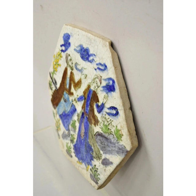 Ceramic Antique Persian Iznik Qajar Style Ceramic Pottery Tile Hexagonal Blue Couple C5 For Sale - Image 7 of 11