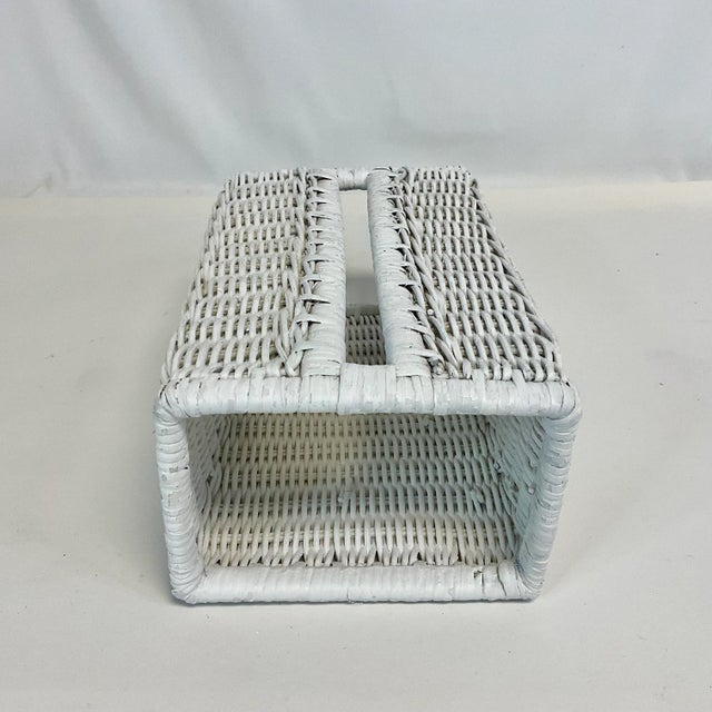 Boho Chic Vintage Boho Coastal Chic White Wicker Tissue Box Cover For Sale - Image 3 of 9
