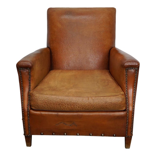 Vintage French Cognac-Colored Leather Club Chair, 1940s For Sale