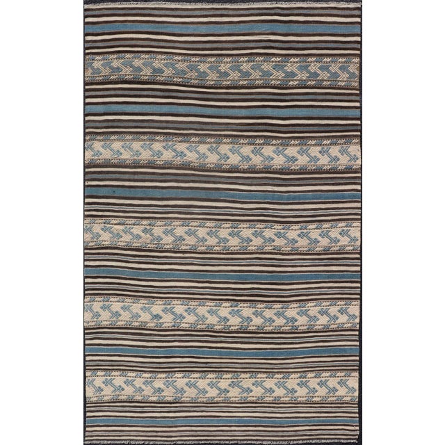 Turkish Vintage Flat-Weave With Striped Design and Tribal Motifs in Blue & Brown For Sale - Image 12 of 12