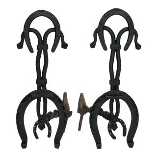 Andirons - Folk Art Iron Horse Shoe Fabrication - A Pair For Sale