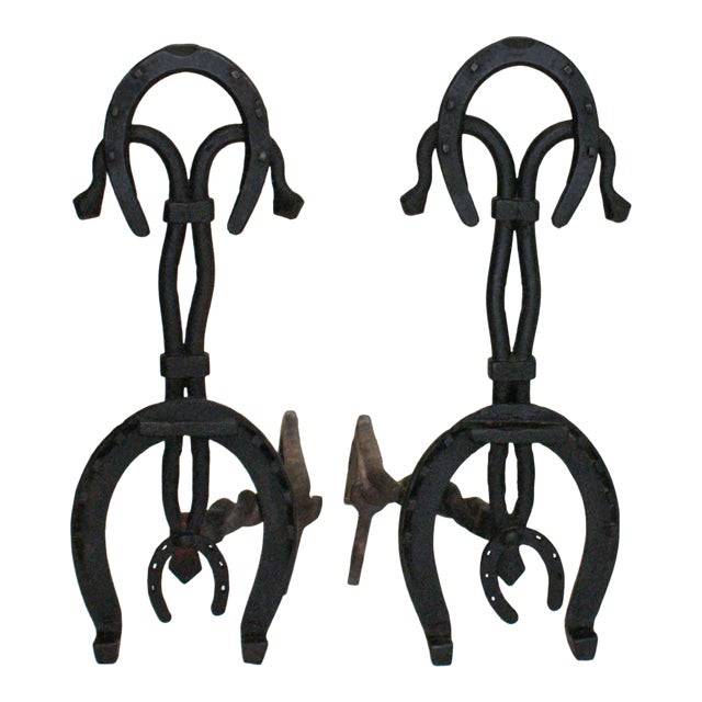 Antique Andirons - Folk Art Iron Horse Shoe Fabrication - A Pair For Sale