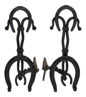 Antique Andirons - Folk Art Iron Horse Shoe Fabrication - A Pair