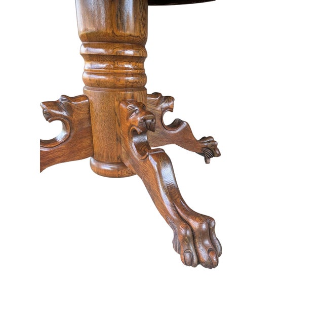 Antique Carved Oak Lion Head Pedestal Dining Table With 3 Leaves - 42" to 69" For Sale - Image 9 of 16