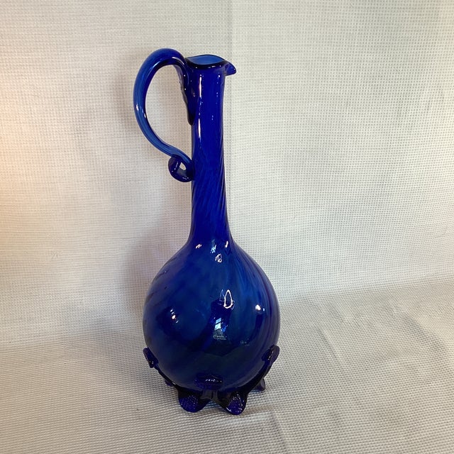 Blue Vintage Handblown Cobalt Glass Pitcher With Handle in Swirl Design For Sale - Image 8 of 9