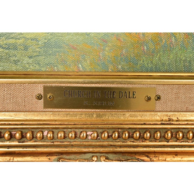 Original Artist Signed K. Kirum "Church in the Dale" Oil Painting in Carved Giltwood Frame For Sale - Image 14 of 16